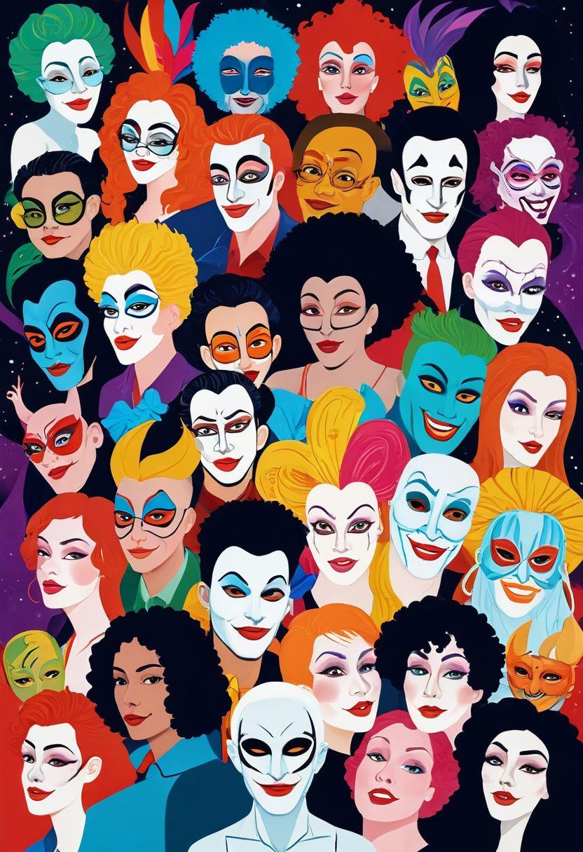 A collage of vibrant, colorful cartoon characters engaged in various adult-themed scenarios, set against a backdrop that blends playful and provocative elements. Include symbols like a theater mask representing performance art and a spectrum of colors flowing through the image, symbolizing diversity and exploration in adult entertainment. The style should be modern with a touch of surrealism, showcasing exaggerated expressions and dynamic poses. super-realistic. vibrant colors. surrealism.